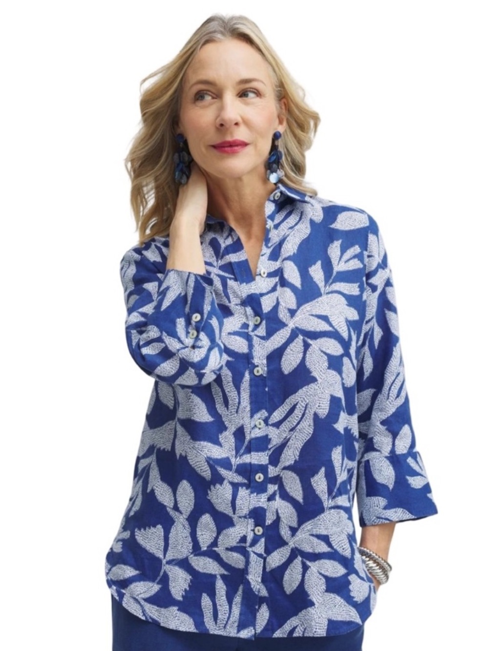 Chico's Sz 3.5/18 100% Linen Blue Leaf Print Shirt 3/4 Sleeve Coastal Vacation